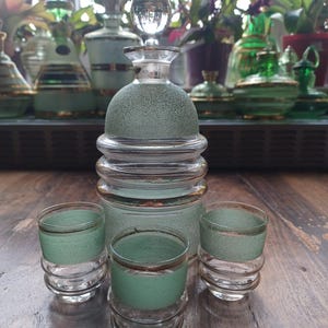 Vintage Green Gold Glass Decanter Set - Etsy