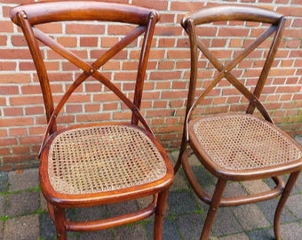 Rara coppia di sedie antiche Thonet, modello n. 91 - Sedie da pranzo Art Nouveau in legno curvato e canna, circa 1920.