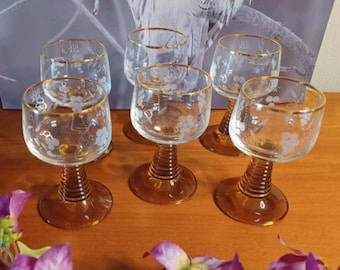 Vintage German Roemer Wine Glasses with Amber Beehive Stem, Etched Grapevine Design and Gold Rim - Set of 6