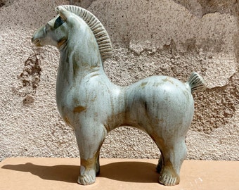 Handmade Ceramic Horse Sculpture, Grey Patina Equestrian Decor