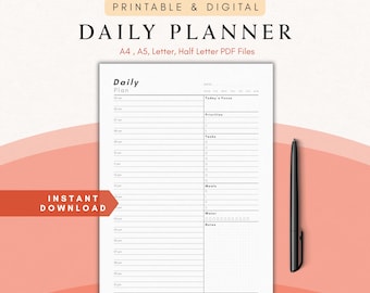 Printable Daily Planner, 1 Page Digital PDF, Minimalist Organizer, A4, A5, Letter, Half Letter Simple Planning, Instant Download Template