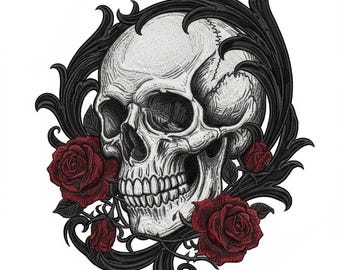 Skull With Roses Design Embroidery Image
