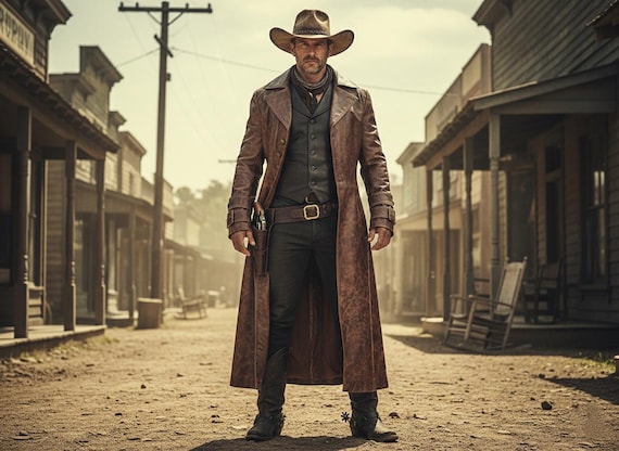 Handmade Distressed Brown Leather Long Coat| Steampunk Western Overcoat