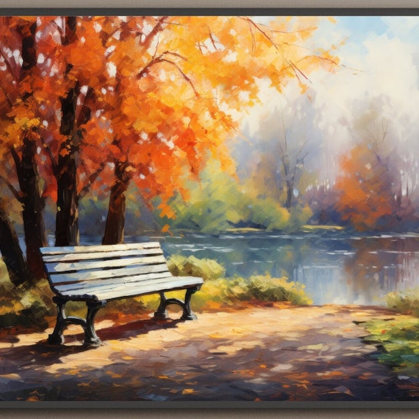 Wooden Bench In Autumn Landscape Oil Painting, Autumn Art Print, Fall Print, Autumn Wall Art, Fall Landscape, Autumn Print, Autumn Painting