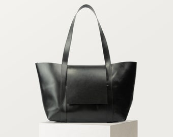 LEATHER TOTE BAG large black- Stylish, Sustainable, with Pockets- Perfect for Everyday, Shopping, Campus, Work, Women's Laptop Shoulder Bag