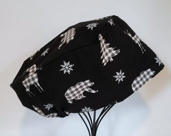 Woodland Critters Winter Holiday Plaid Scrub Cap