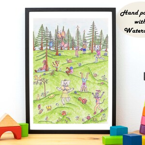 Painting for Children&#39;s room: Cute Animals playing on the Hill | Hand painted Watercolor Art | Download & Print Art for Kids | Nursery Art