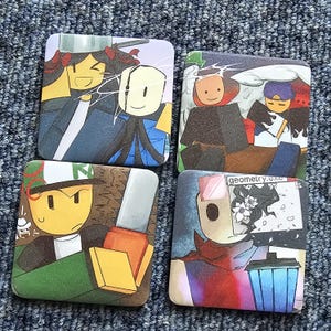 May include: Four square pinback buttons featuring colourful cartoon illustrations of blocky characters. One button displays the text geometry.exe. The designs include various characters with distinct outfits, hair colours, and expressions in a digital art style.