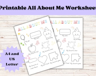 Printable All About Me Worksheet, Back to School Activity, Printable PDF, A4 and US Letter