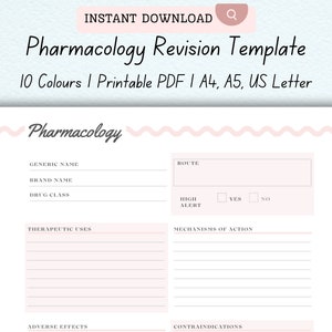 Pharmacology Revision Template, Nursing Study Template, Instant Download, Printable PDF, A4, A5, US Letter