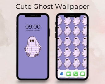 Purple Ghost Wallpaper, Halloween Wallpaper, iPhone Wallpaper, Cute Spooky Wallpaper, Smartphone Wallpaper, Cute Aesthetic Wallpaper
