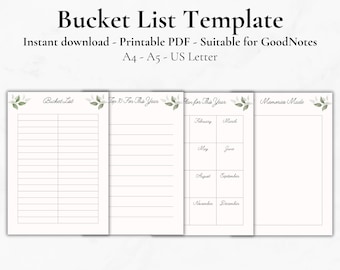 Bucket List Template | Digitale und druckbare PDF | Sofort Download | A4 A5 US Letter