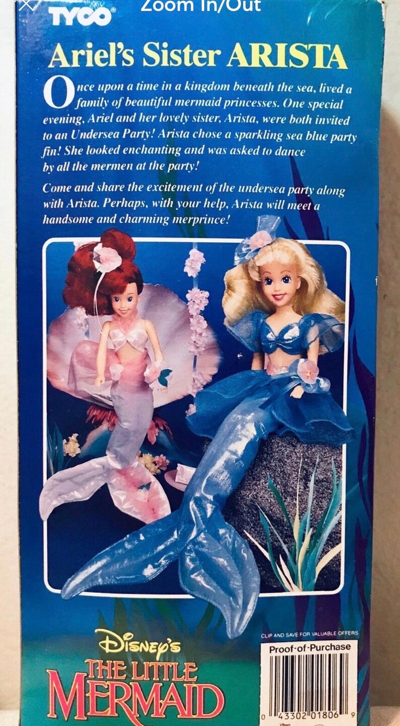 May include: A vintage box featuring two mermaid dolls from Disney's The Little Mermaid. One doll has red hair and a pink outfit, the other has blonde hair and a blue outfit. The box has the text "Ariel's Sister Arista".