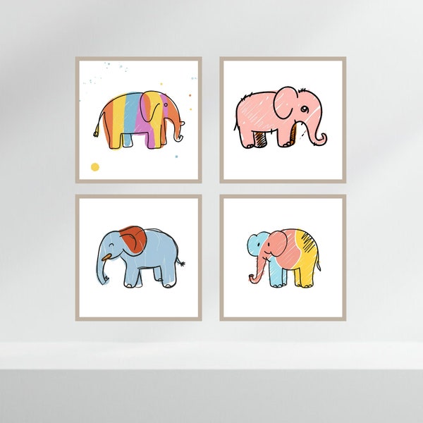 Wall Art, Set of 4 Elephant Illustrations for Children's Room Decoration.