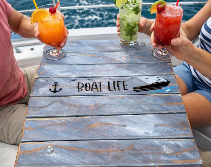 Designed for life on the water|compact portable boat table|assembles in a minute|stows neatly away|perfect for small spaces|Gray/whitewash
