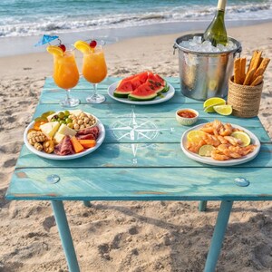 Compass Rose Beach Table in a Bag | Turquoise Portable Cedar Wood Table| for your boat or the beach