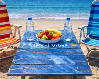 Good Vibes|Oproltafel in een tas | Draagbare strandtafel | Donkerblauw rustiek cederhout | Lichtgewicht kampeerterras bijzettafeltje | Strandcadeau