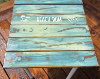 Beach Bum Roll up Beach Table in a bag/Portable beach table/Turquoise distressed cedar wood/Lightweight/Unique Gift for Beach Lover/portable