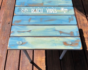 Beach Vibes Roll up Beach Table in a bag/Portable beach table/Turquoise table/Lightweight Table/cedar wood/Gift for Beach Lover /portable