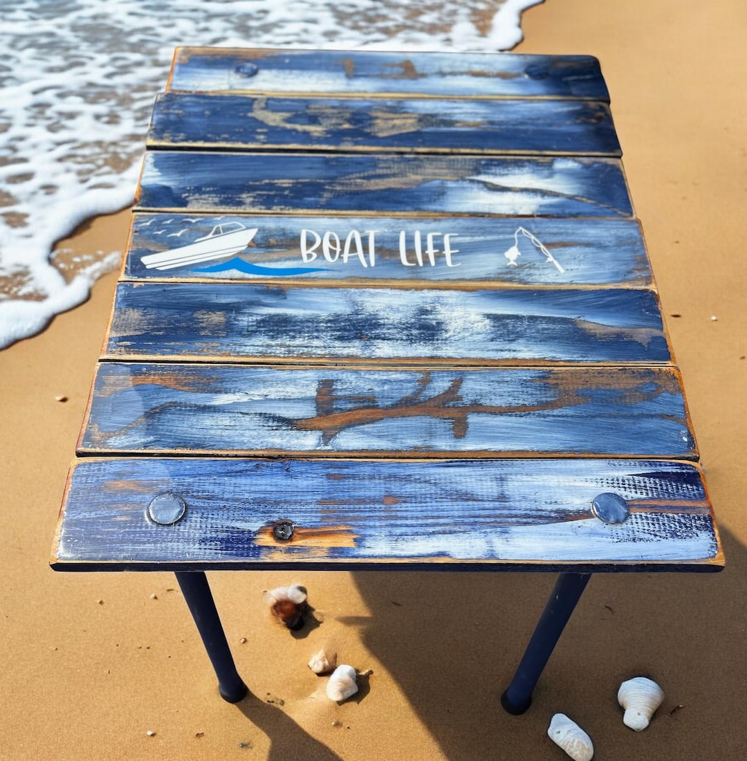 Blue Distressed Cedar Boat Table | Waterproof Portable Table in Bag - Etsy