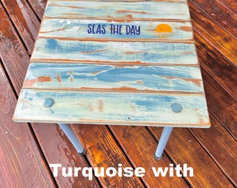 SEAS THE DAY Roll out Beach Table in a bag/Turquoise Portable beach table/distressed wood/Lightweight/Unique Gift/Beach Lover/Wedding Gift