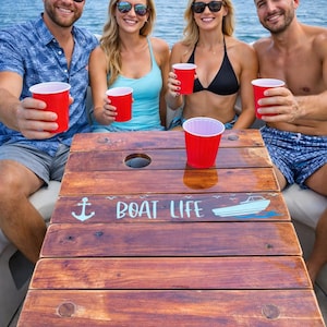 Portable Boat Table in a Bag – Boat Life Brown Distressed Cedar Roll-Out Table, Lightweight Waterproof Folding Table, Father’s Day Gift