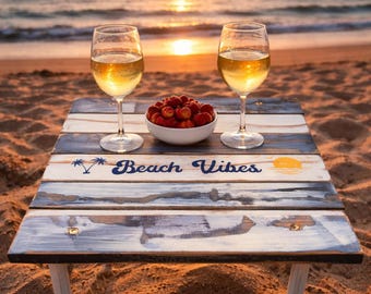Oprolbare strandtafel in een tas | Lichtgewicht draagbare cedertafel | Blauw-witte klaptafel kust | Camping picknicktafel buiten