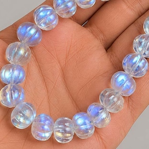 10 piezas de cuentas talladas de piedra lunar arcoíris con forma de melón, cuentas naturales de piedra lunar arcoíris para tallar calabazas, venta al por mayor de piedras lunares de 6 a 10 mm