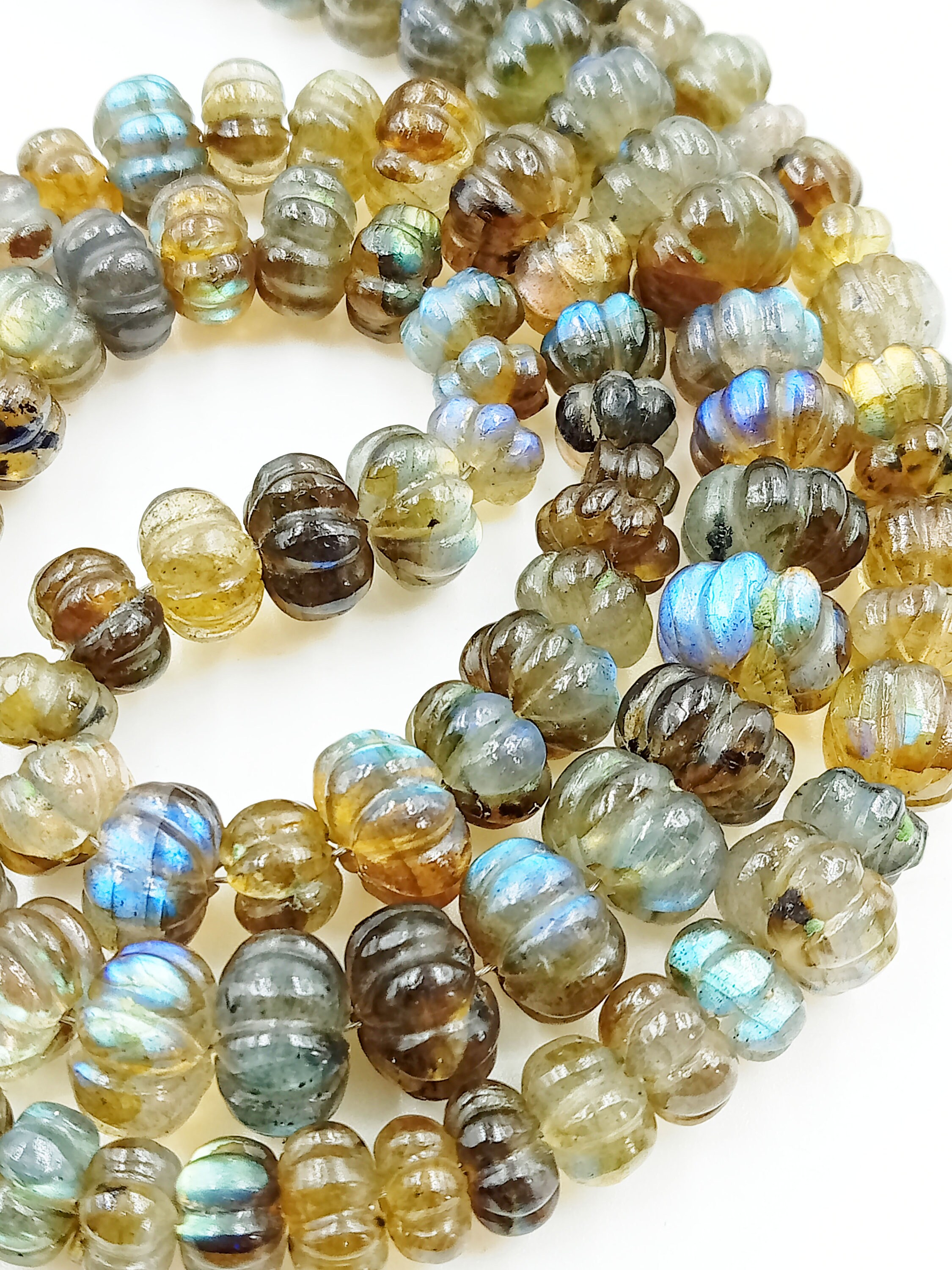 10 Labradorite Carved Melon Gemstones: Jewelry Making Supplies (5-10mm)