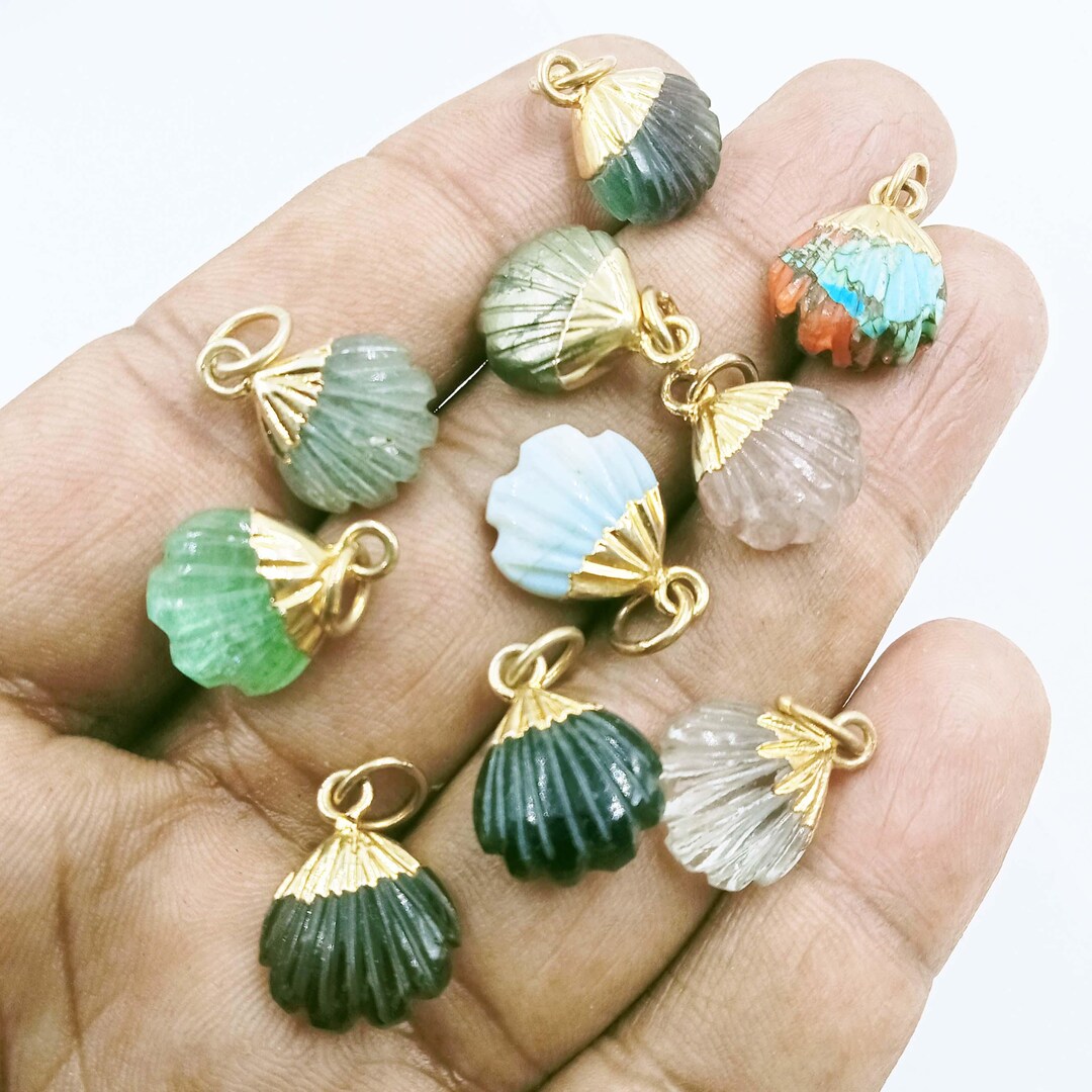 10 Pcs AAA Natural Multi Carved Shell Pendant 12mm | Gold Electro ...