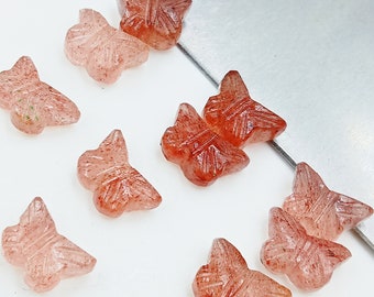 AAA++ Quality Natural Pink Strawberry Quartz Butterfly Carving Shape Loose Briolette Gemstone, Hand Carved Pink Butterfly Beads, 12x7 MM