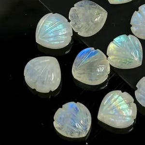 May include: A collection of white moonstone cabochons carved into leaf shapes. The stones have a pearlescent sheen and iridescent rainbow colors.