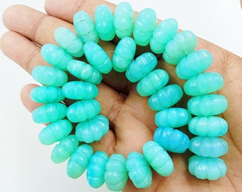 10 Pieces Natural Genuine Aqua Chalcedony Carved Melon Rondelle Beads, Chalcedony Pumpkin Beads, Hand Carved Melon Gemstone Beads, (16 MM)
