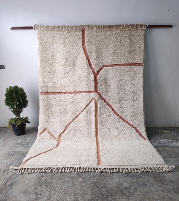 Handmade Berber Wool Rug: Terracotta & Ivory Striped Beni Ourain Carpet