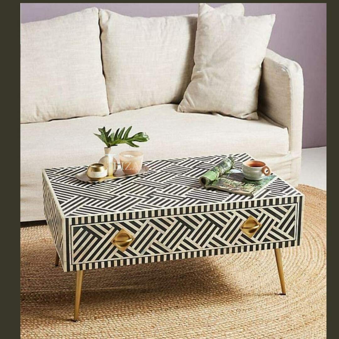 Modern Wood Black Coffee Table 2 Drawers Low Coffee Table Etsy