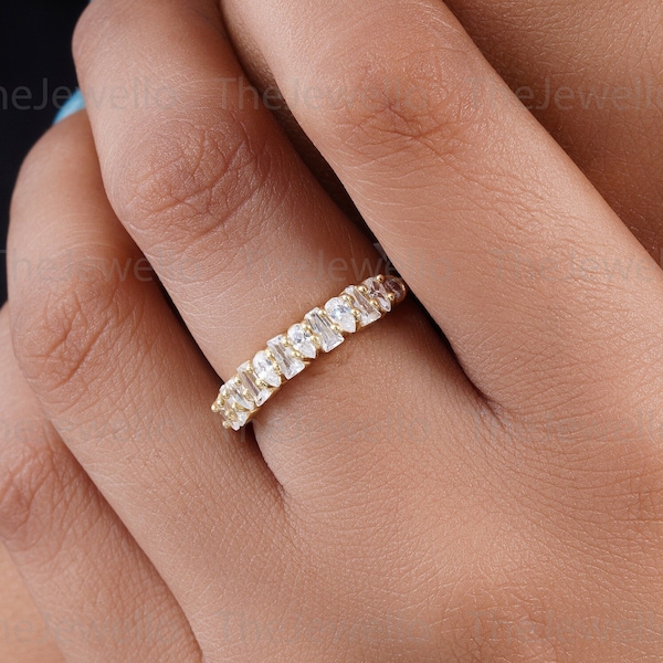 Taper Baguette & Marquise Cut Diamond Wedding Band,  Lab Grown Diamond Wedding Band, Yellow Gold Stackable Band