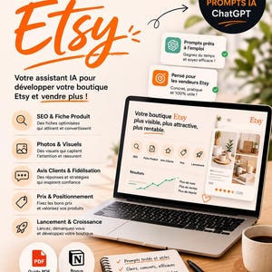 Op de afbeelding: Een digitale marketinggids voor Etsy-verkopers genaamd Copilote Etsy met 62 ChatGPT-prompts. De afbeelding toont een laptopscherm met een Etsy-winkelinterface, een spiraalnotitieblok met een pen en tekst over SEO, productvermeldingen en groeistrategieën voor verkoop.
