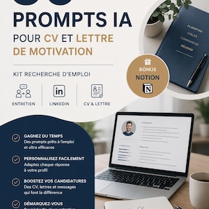 Puede incluir: Un documento digital titulado 50 PROMPTS IA POUR CV ET LETTRE DE MOTIVATION que muestra una computadora portátil con un currículum, un cuaderno con texto escrito a mano, una agenda azul oscuro e iconos para búsqueda de empleo, LinkedIn y entrevistas.