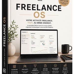 Peut inclure: Une couverture de produit numérique intitulée Freelance OS présentant un ordinateur portable affichant une interface de tableau de bord. Le design inclut du texte en français, un logo Notion et un badge circulaire doré. La mise en page montre des icônes pour le tableau de bord, CRM, pipeline, factures, tâches et suivi des revenus.