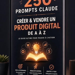 May include: A black book titled 250 PROMPTS CLAUDE CRÉER & VENDRE UN PRODUIT DIGITAL DE A À Z. The cover features a glowing lightbulb above an open book, surrounded by icons of a shopping cart, gear, bar chart, and dollar sign, with orange accents.