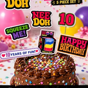 May include: A chocolate frosted birthday cake with colorful sprinkles and a set of cake toppers. The toppers include the phrases "NEE DOH", "SQUEEZE ME!", "10 YEARS OF FUN!", "10", and "HAPPY BIRTHDAY". The cake topper set is a 5-piece set.