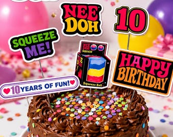 NeeDoh Birthday Cake Topper Set | Squeeze Me Party Decorations | NeeDoh Theme Birthday Cake Picks | Custom Age Cake Topper | 6 Piece Set