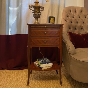 Handmade inlaid vintage antique style wooden bedside table