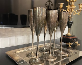 Flute champagne argento sterling vintage set da 6 Dabbene made in italy mid century calici bar gentleman