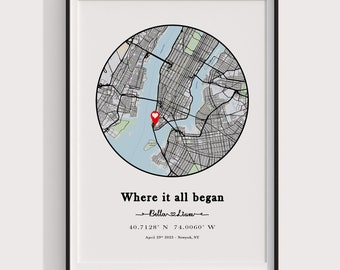 Where It All Began Map Anniversary Gift, First Date Custom Map Print Cute Relationship Gift, Personalized Map Print Wedding Anniversary Gift