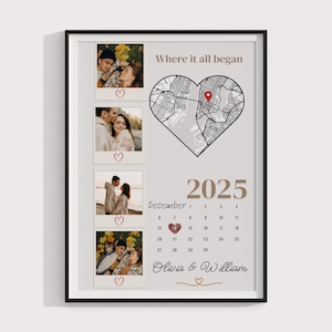 May include: Framed print with four photos, a heart-shaped map, and a calendar for December 2025. The text "Where it all began" and names "Olivia & William" are also included. The print is in a black frame.