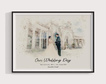 Boceto de iglesia de boda en acuarela, regalo para el primer aniversario de bodas, regalo personalizado para pareja, idea de regalo de boda, pintura del lugar a partir de una foto