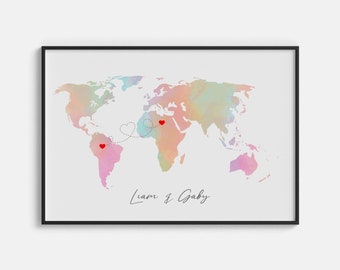 Personalised Map Print with linked locations | Custom Travel Adventures Map Print | Personalised Travel Art for Couples | long distance love