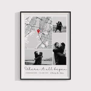 May include: Framed print with a black border, displaying a map with a red marker and three monochrome photographs of a couple. The cursive text reads "Where it all began", with further text below.
