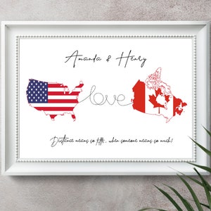 Arte de mapa de amor internacional, presente para relacionamento à distância para namorado, presente personalizado para namorado, impressão de mapa à distância, presente para ela
